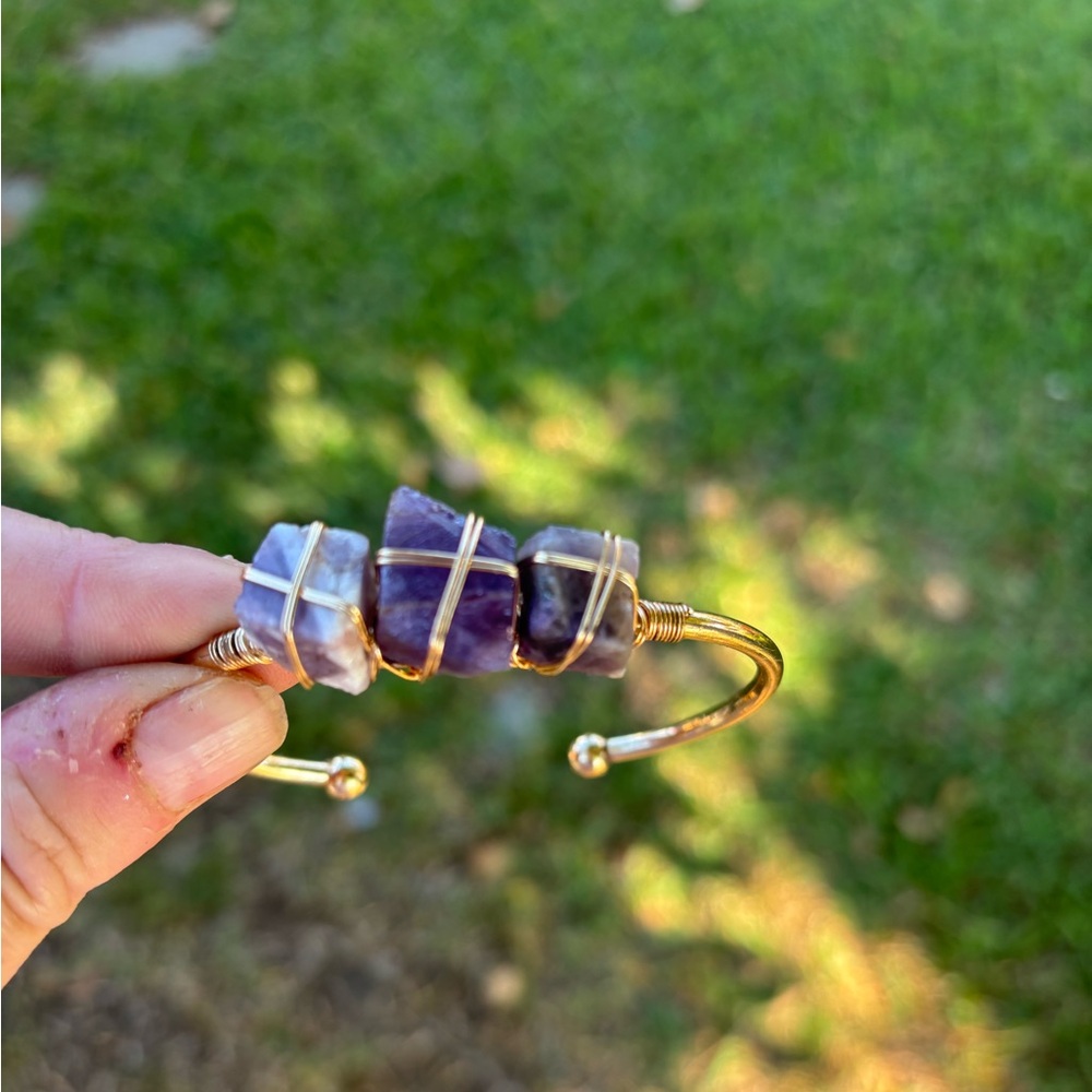 Gold and Purple Stone Wire Wrapped Bracelet